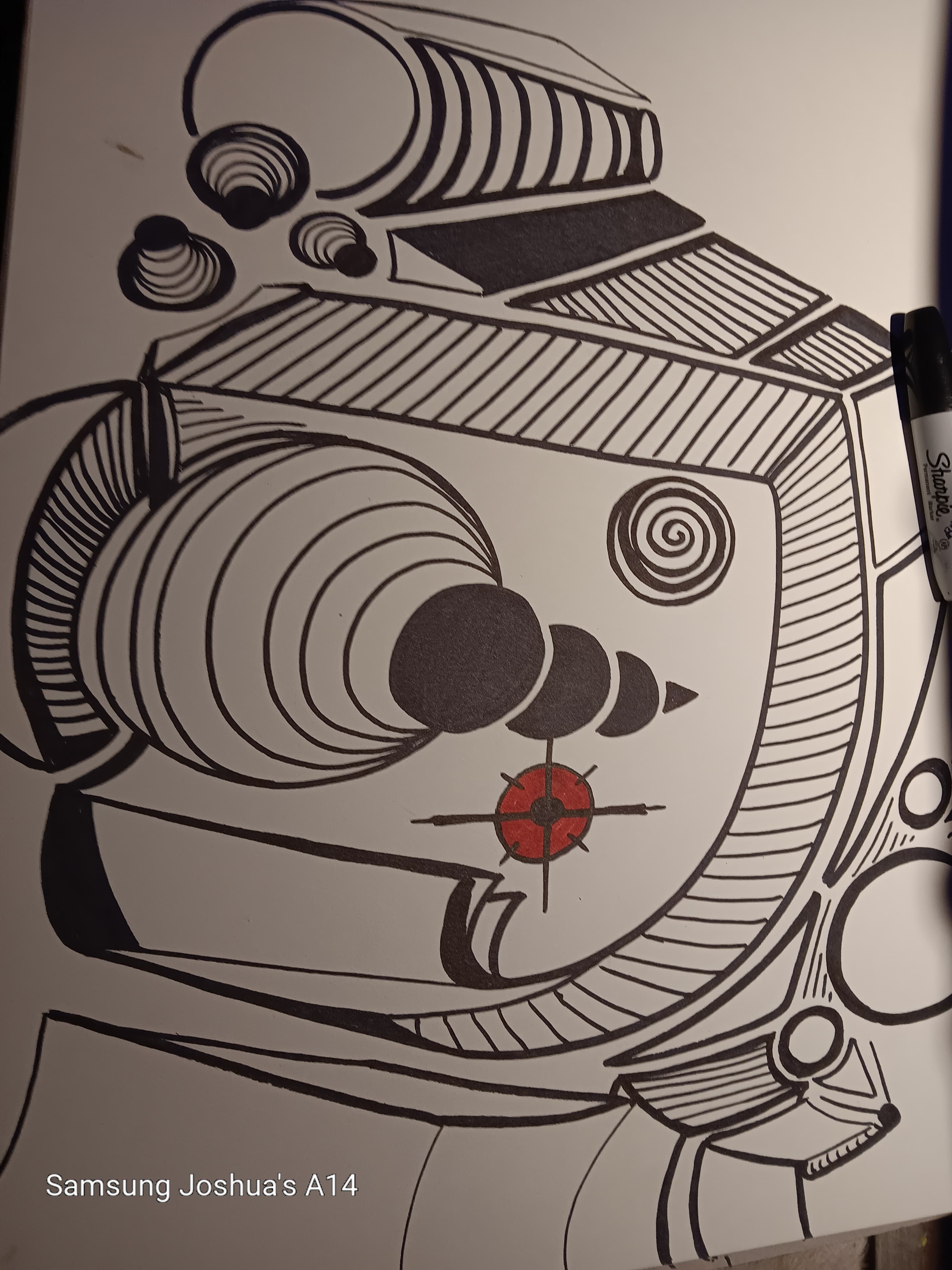 Black and white sharpie drawing with red dot by Joshua Merritt